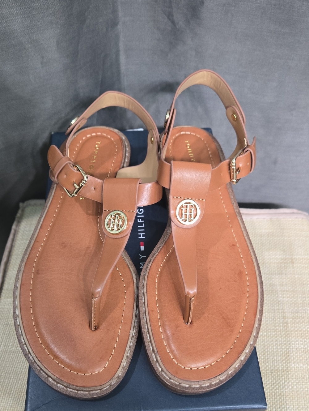 Tommy Hilfiger Cognac Brown Leather T-Strap Sandals with Gold Logo